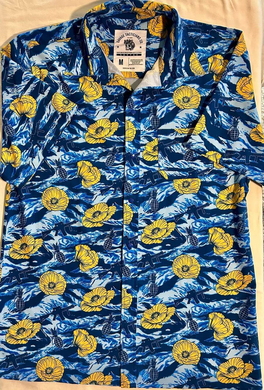 Savage Tacticians Tiger Stripe Blue Button-Up Size M Yellow Poppy Aloha Shirt